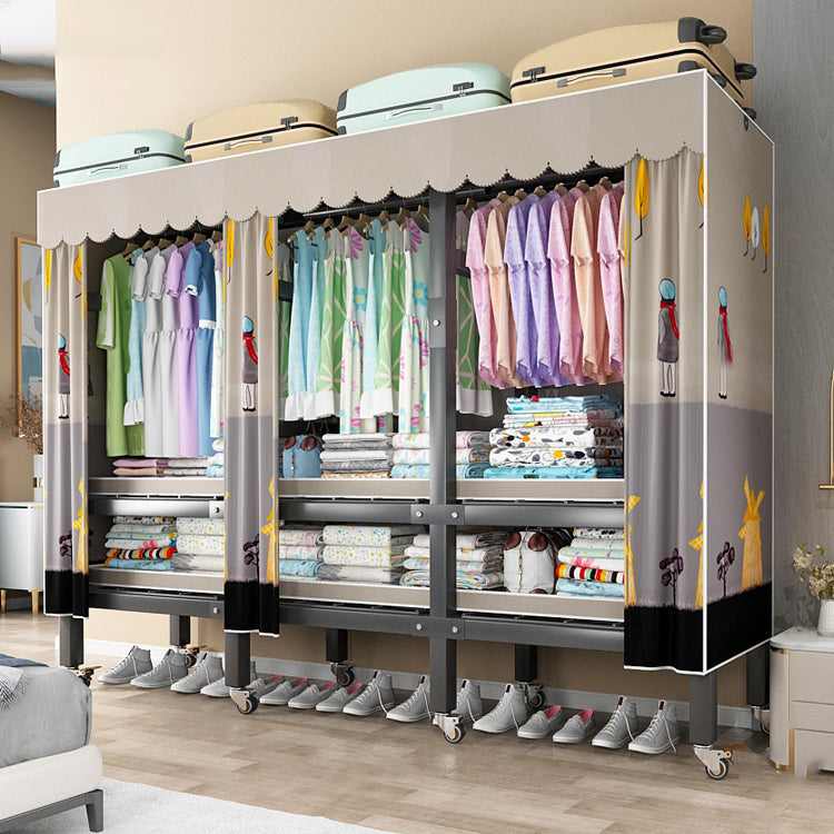 Foldable Freestanding Wardrobe Metal Frame Wardrobe with Casters