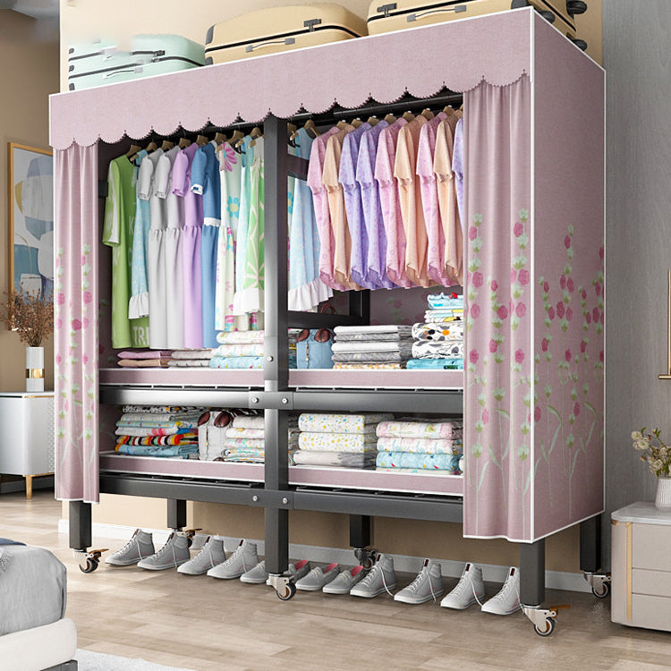 Foldable Freestanding Wardrobe Metal Frame Wardrobe with Casters