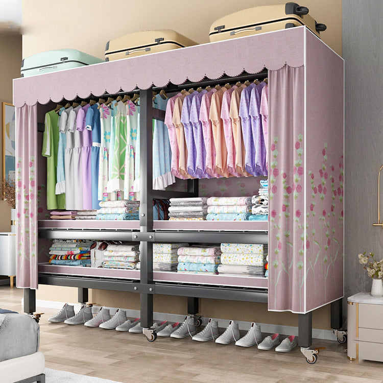 Foldable Freestanding Wardrobe Metal Frame Wardrobe with Casters