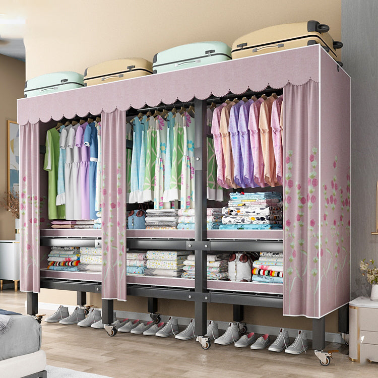 Foldable Freestanding Wardrobe Metal Frame Wardrobe with Casters