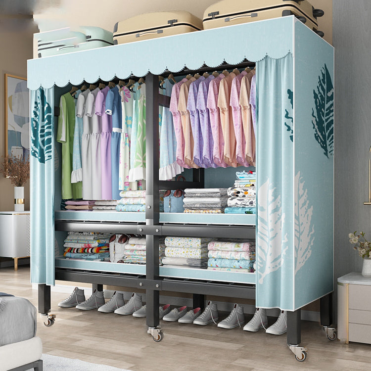 Foldable Freestanding Wardrobe Metal Frame Wardrobe with Casters