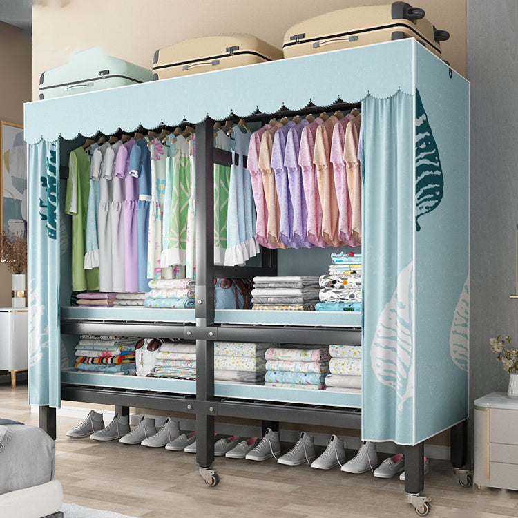 Foldable Freestanding Wardrobe Metal Frame Wardrobe with Casters