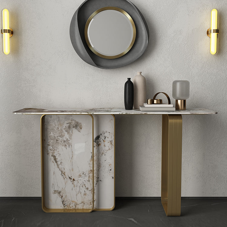 Modern Rectangular Console Table Stone Console Sofa Table in Gold and White