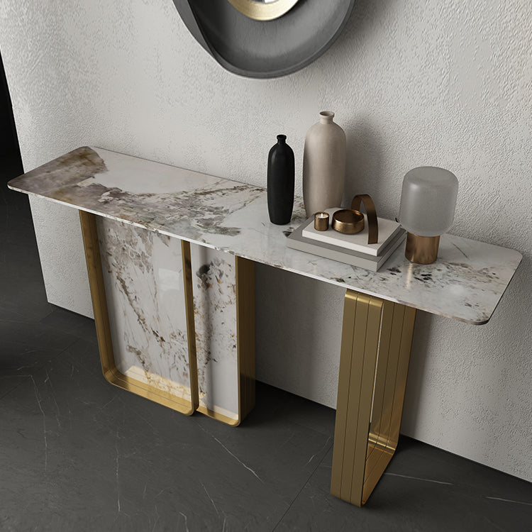 Modern Rectangular Console Table Stone Console Sofa Table in Gold and White