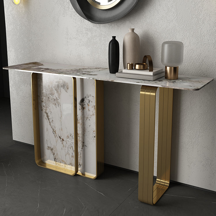 Modern Rectangular Console Table Stone Console Sofa Table in Gold and White