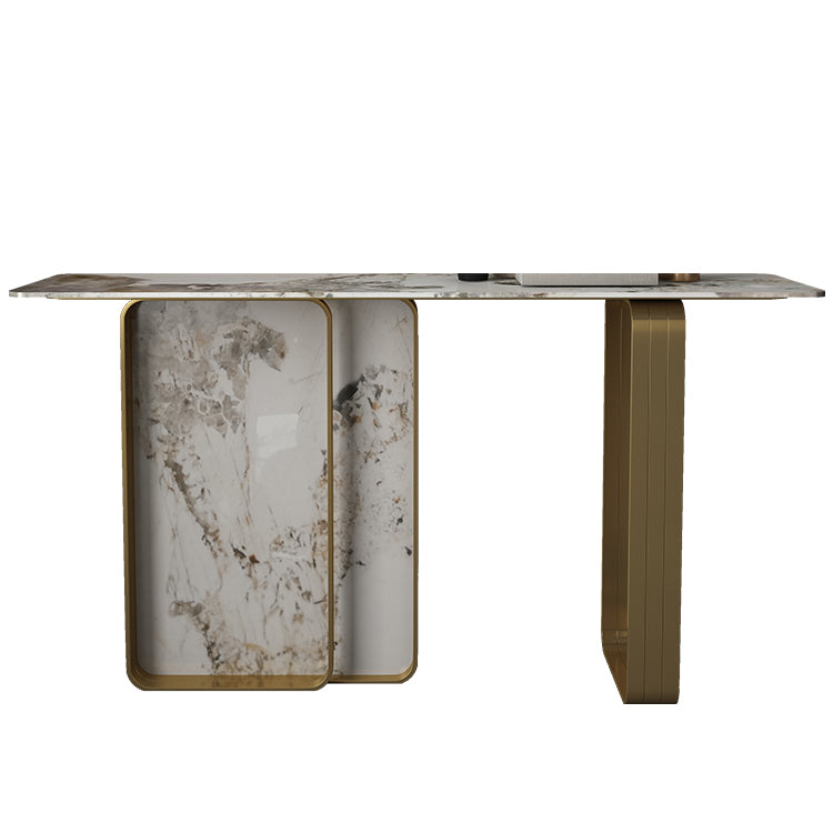 Modern Rectangular Console Table Stone Console Sofa Table in Gold and White