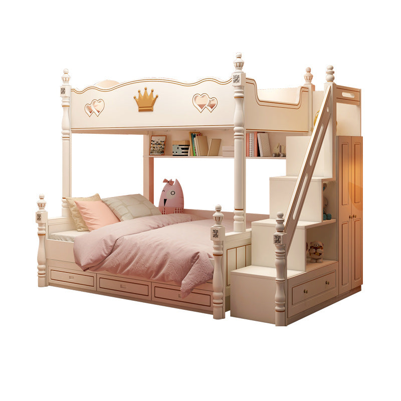 Contemporary Bunk Bed Solid Wood White Princess with Guardrail Headboard