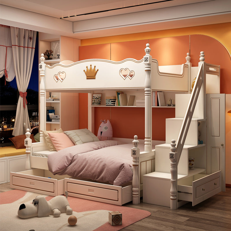 Contemporary Bunk Bed Solid Wood White Princess with Guardrail Headboard
