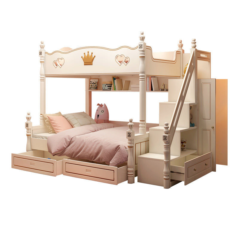 Contemporary Bunk Bed Solid Wood White Princess with Guardrail Headboard