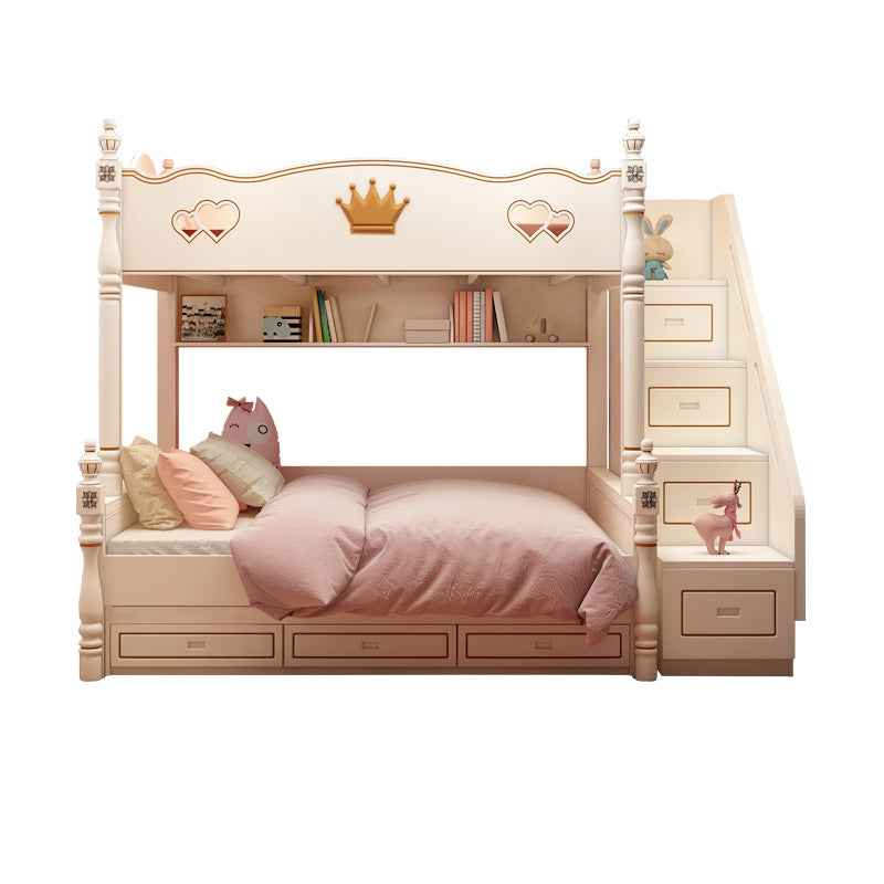 Contemporary Bunk Bed Solid Wood White Princess with Guardrail Headboard