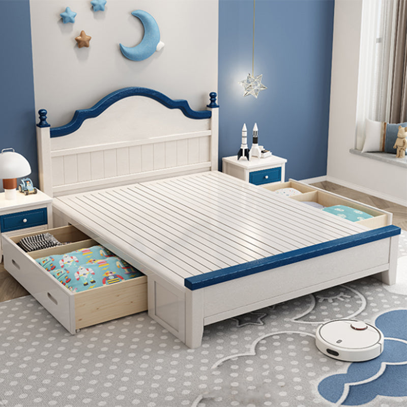 Contemporary Kids Bed White Solid Wood Panel Headboard Mattress with Drawers