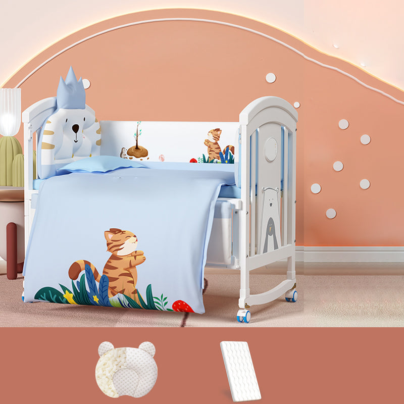 Modern Baby Crib with Guardrail and Casters Wood White Nursery Bed