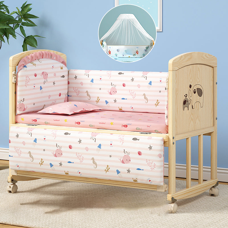 Wooden Modern Nursery Bed Animal Print Baby Crib with Wheels