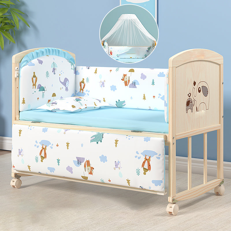 Wooden Modern Nursery Bed Animal Print Baby Crib with Wheels