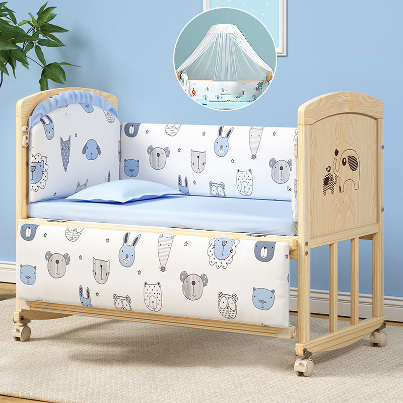 Wooden Modern Nursery Bed Animal Print Baby Crib with Wheels