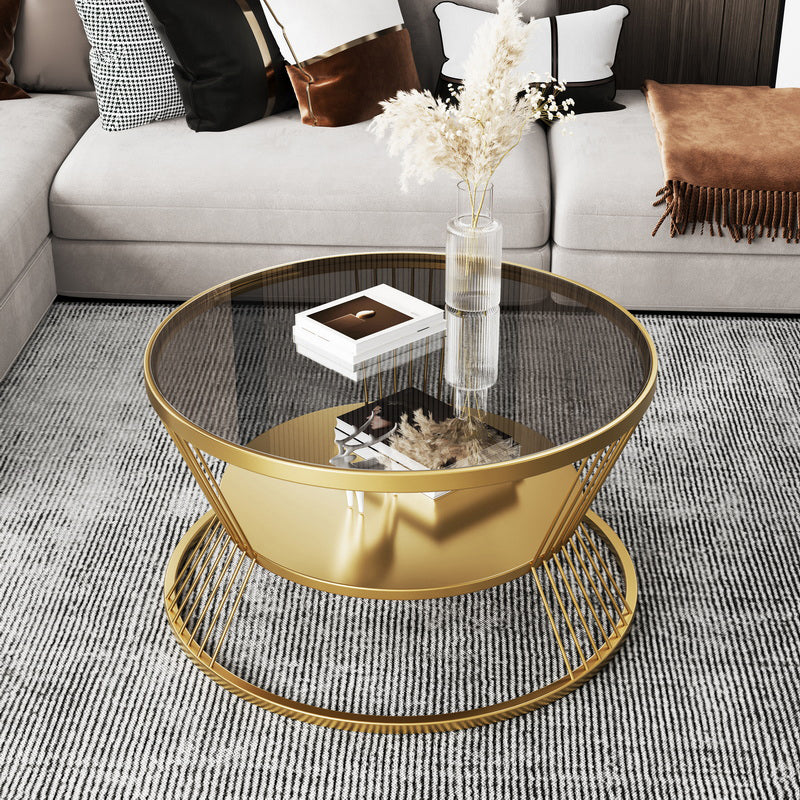 Round Coffee Cocktail Table Glass Top Frame Coffee or End Table with Storage Shelf