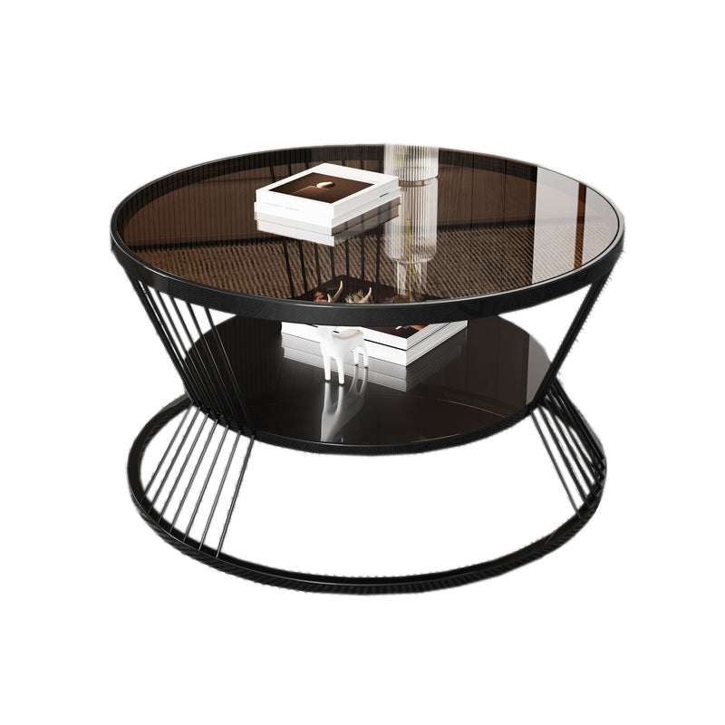 Round Coffee Cocktail Table Glass Top Frame Coffee or End Table with Storage Shelf