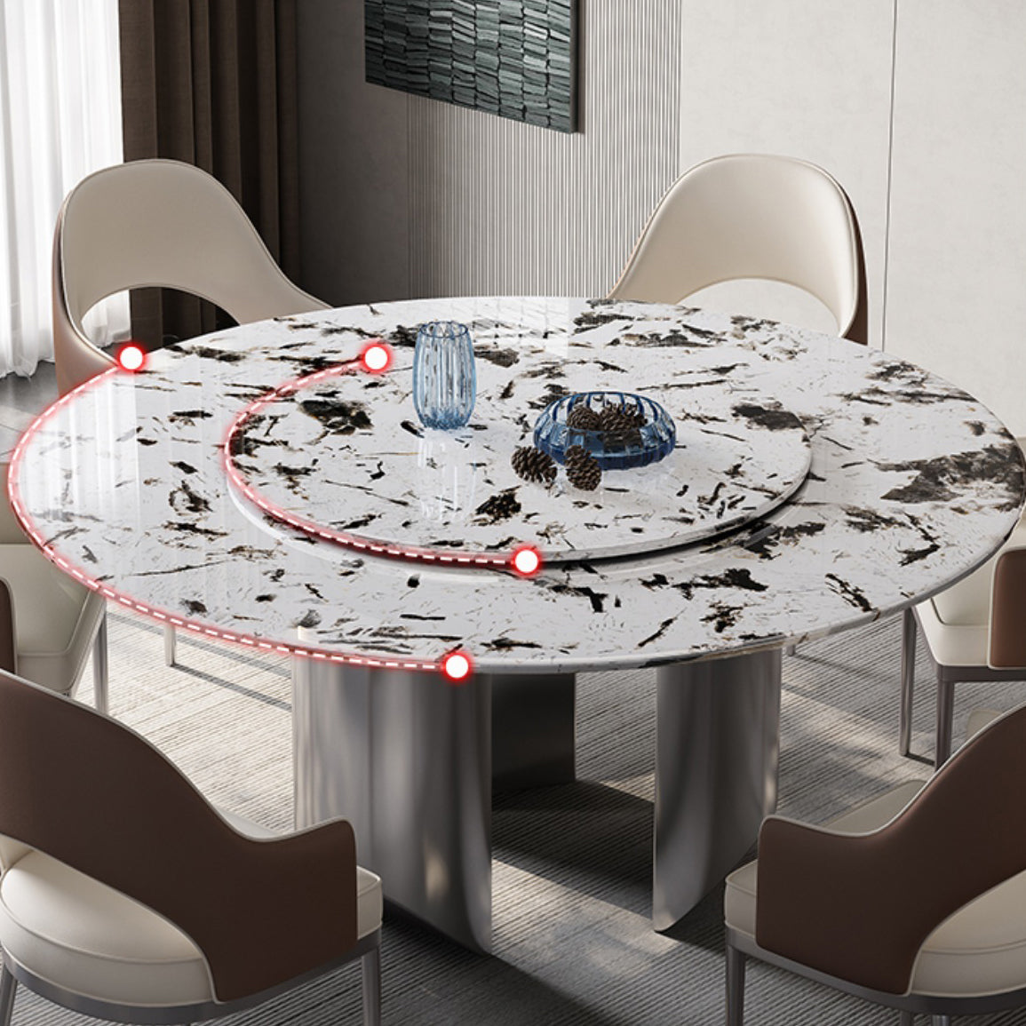 Modern Round Dining Table Stone Dining Table with Stainless Steel Pedestal