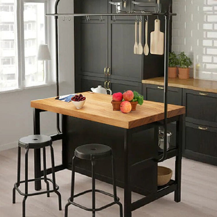 Stationary Industrial Kitchen Island Solid Wood Kitchen Island Table with Shelves