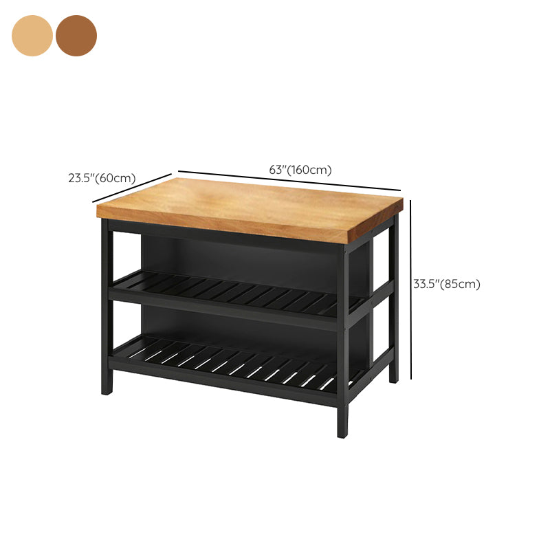 Stationary Industrial Kitchen Island Solid Wood Kitchen Island Table with Shelves