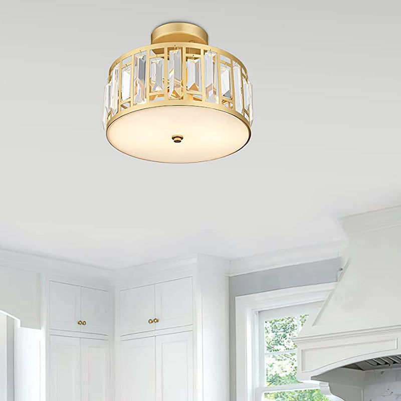 Crystal Semi Flush Contemporary 2 - Light Drum Ceiling Semi Flush in Gold