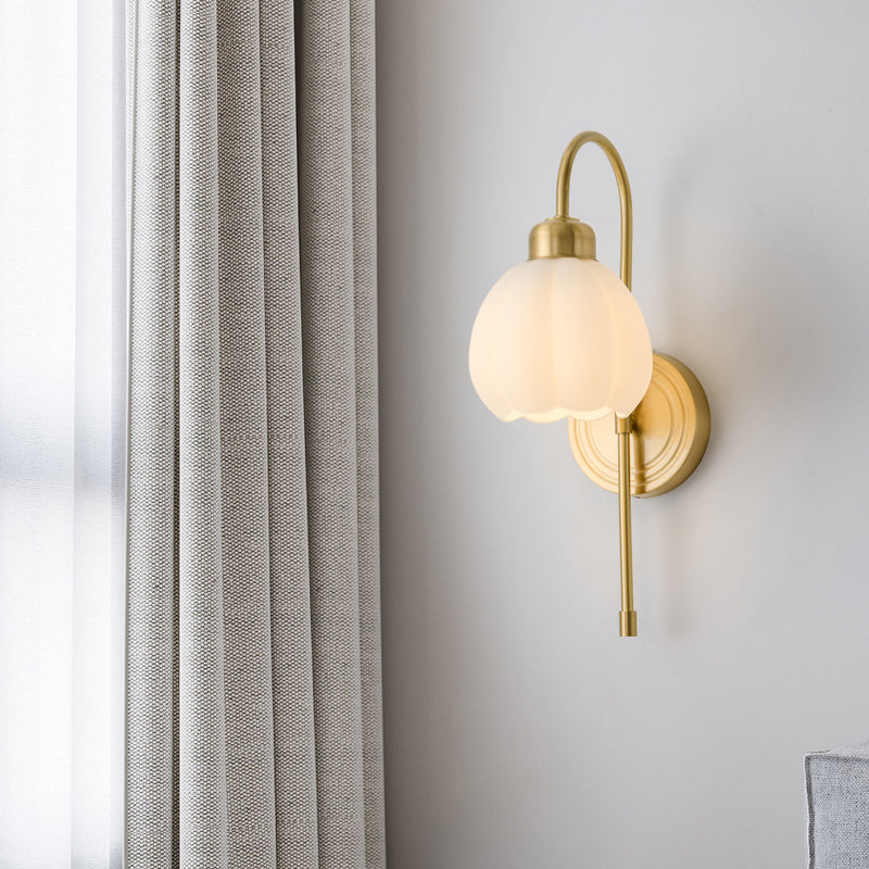 Modern Metal Wall Sconce Bud Shape Wall Light with Glass Shade for Bedroom in Gold