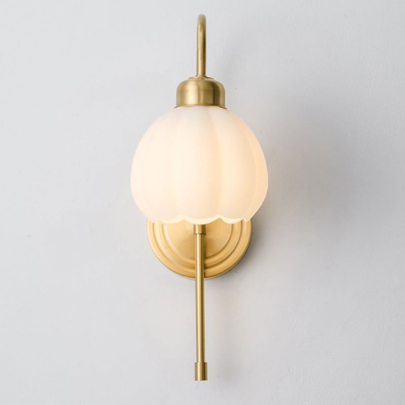 Modern Metal Wall Sconce Bud Shape Wall Light with Glass Shade for Bedroom in Gold