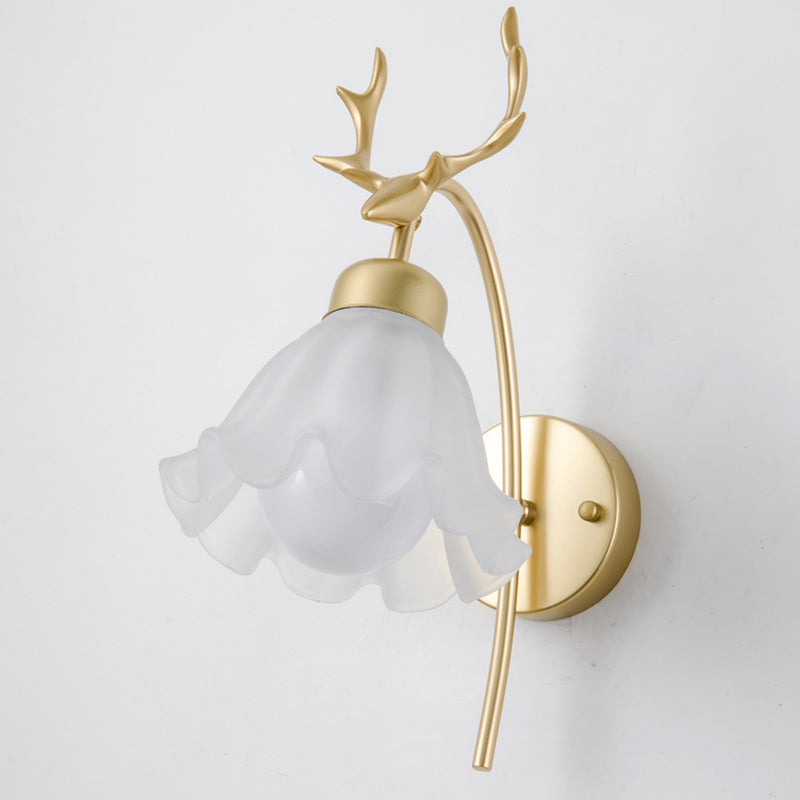 Gold Modern Metal Wall Sconce Flower Shape Wall Light with Glass Shade for Bedroom