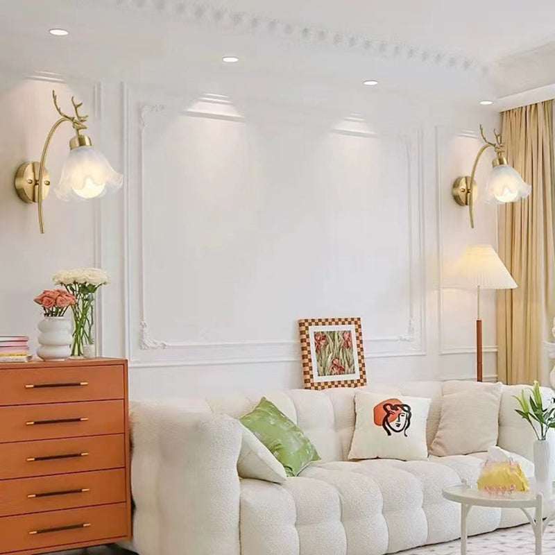 Gold Modern Metal Wall Sconce Flower Shape Wall Light with Glass Shade for Bedroom