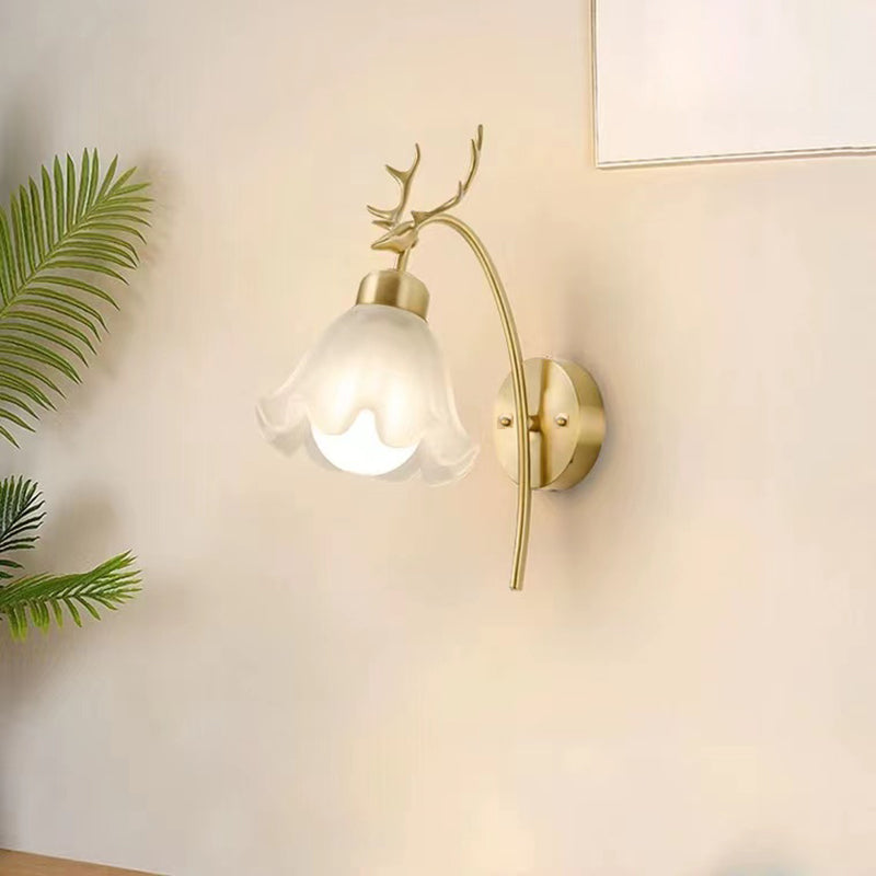 Gold Modern Metal Wall Sconce Flower Shape Wall Light with Glass Shade for Bedroom