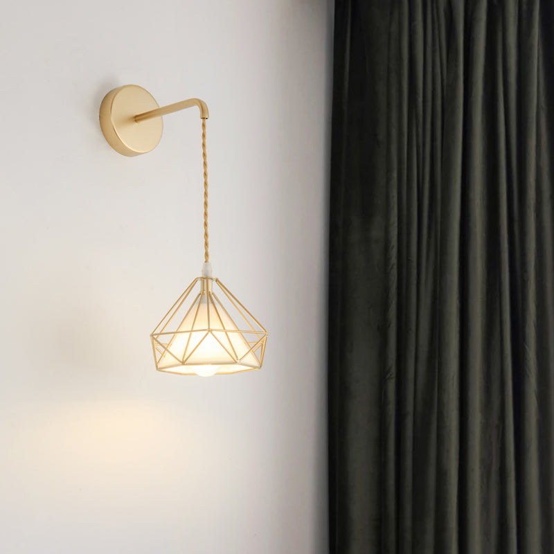 Modern Metal Wall Sconce Diamond Shape Wall Light with Fabric Shade for Bedroom
