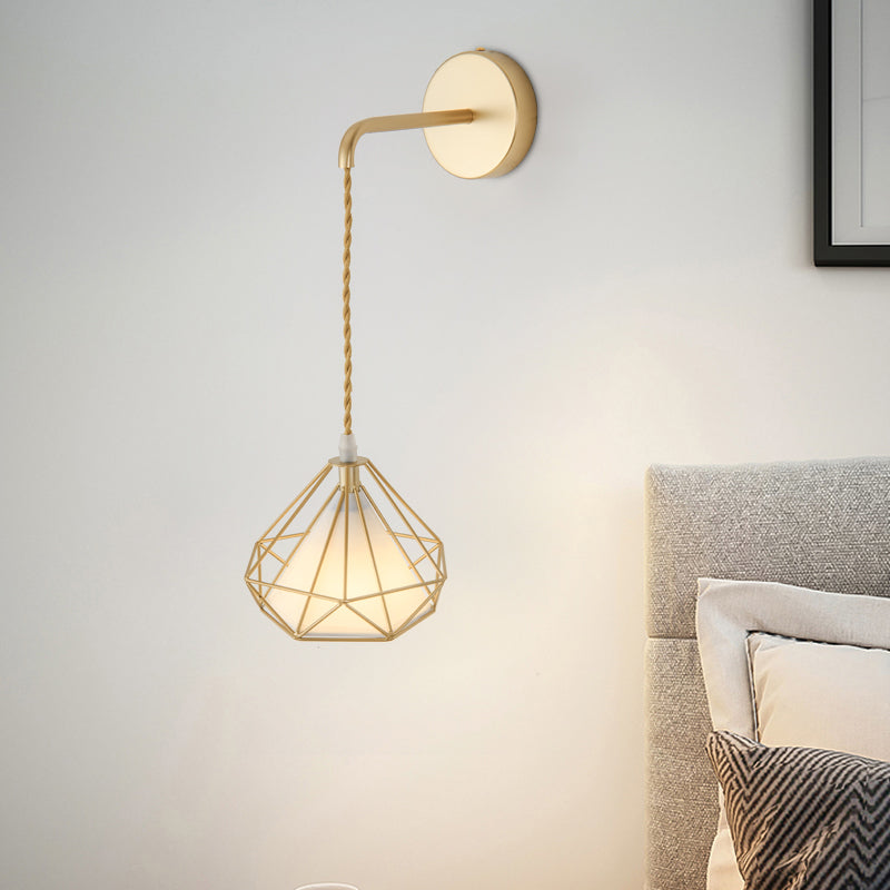Modern Metal Wall Sconce Diamond Shape Wall Light with Fabric Shade for Bedroom