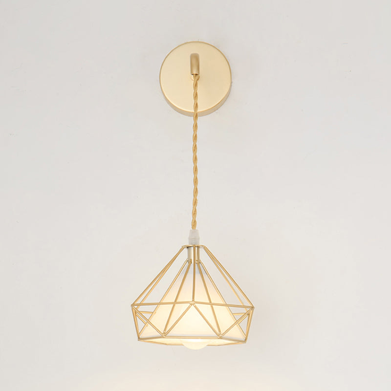 Modern Metal Wall Sconce Diamond Shape Wall Light with Fabric Shade for Bedroom