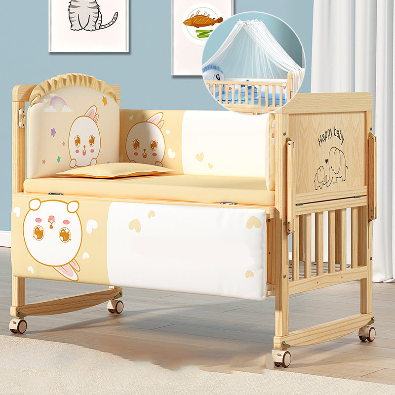 Farmhouse Nursery Bed Wooden Casters Arched Crib with Storage