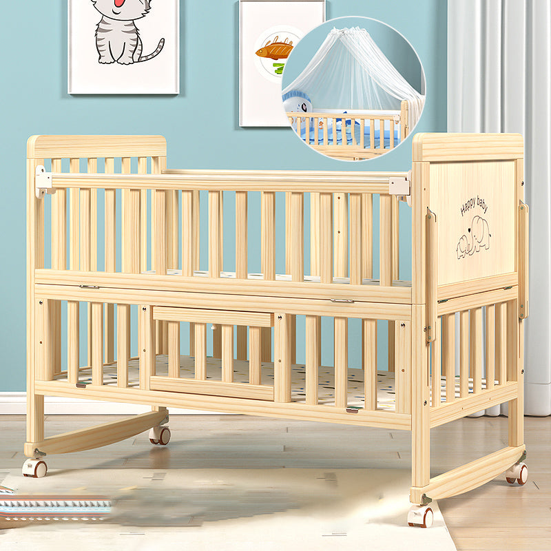 Farmhouse Nursery Bed Wooden Casters Arched Crib with Storage