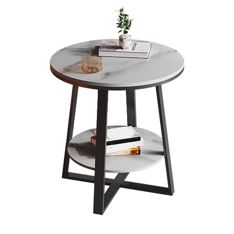 Contemporary Stone End Table Cross Base Round Top Side End Table with Shelf