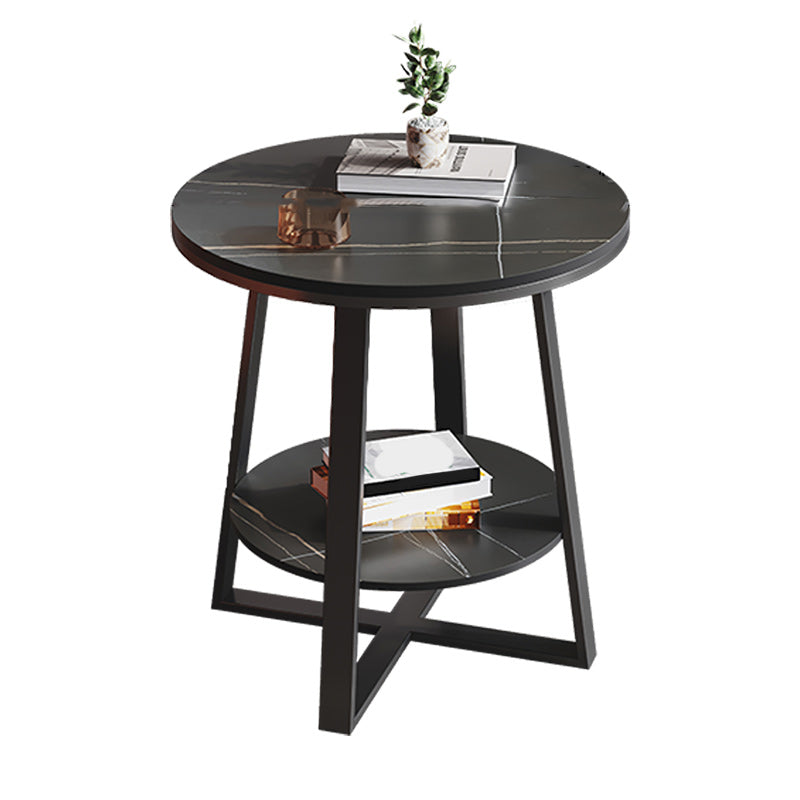 Contemporary Stone End Table Cross Base Round Top Side End Table with Shelf