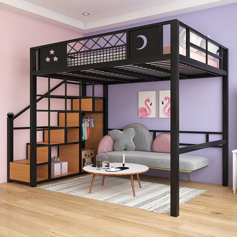 White/Black Loft Bed with Guardrail Metal Kids Bed with Staircase