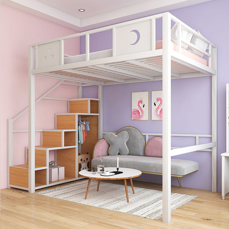 White/Black Loft Bed with Guardrail Metal Kids Bed with Staircase