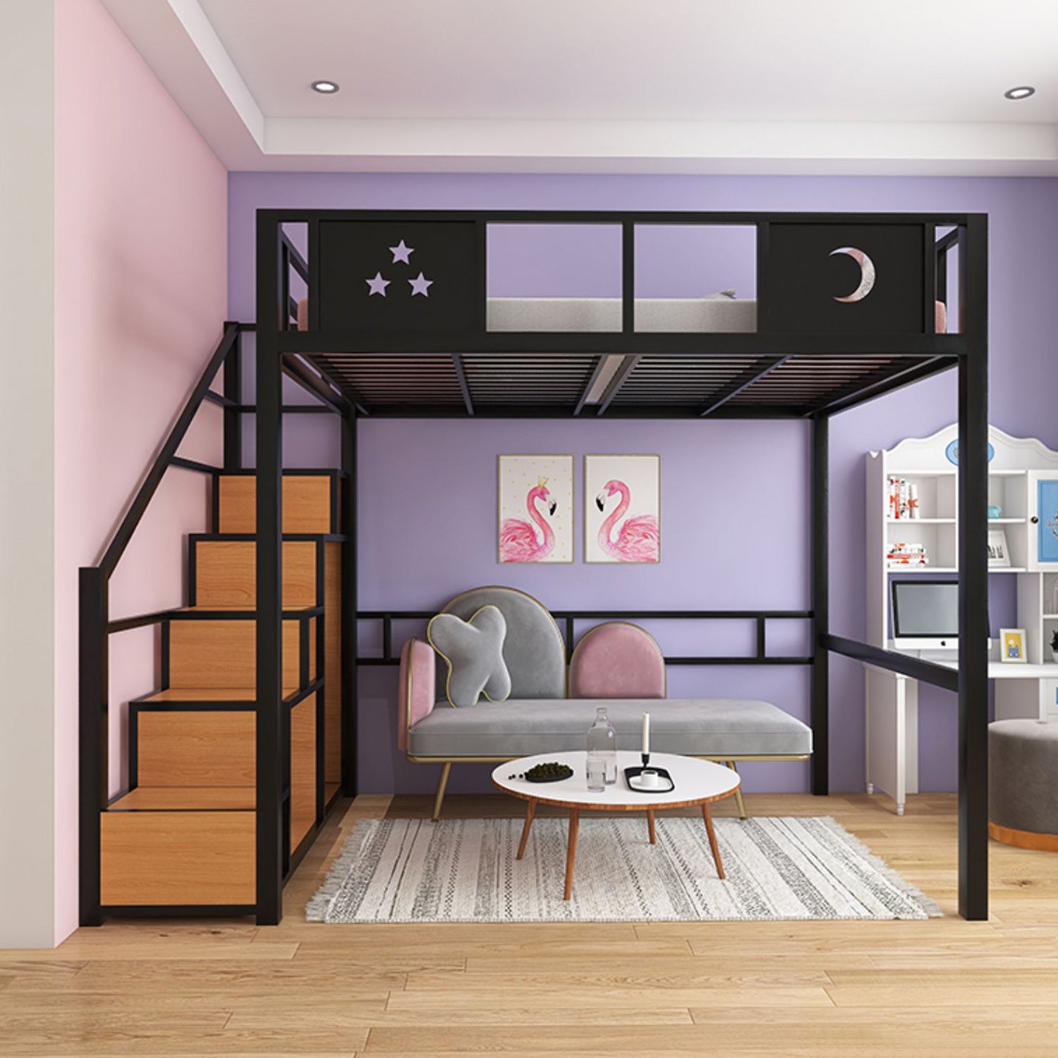 White/Black Loft Bed with Guardrail Metal Kids Bed with Staircase