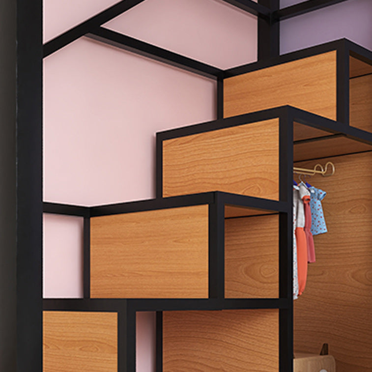 White/Black Loft Bed with Guardrail Metal Kids Bed with Staircase