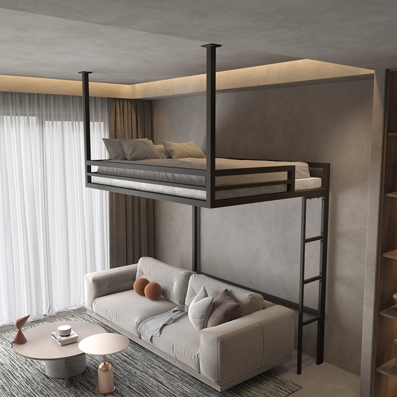 White/Black Loft Bed with Guardrail Metal Kids Bed with Built-In Ladder