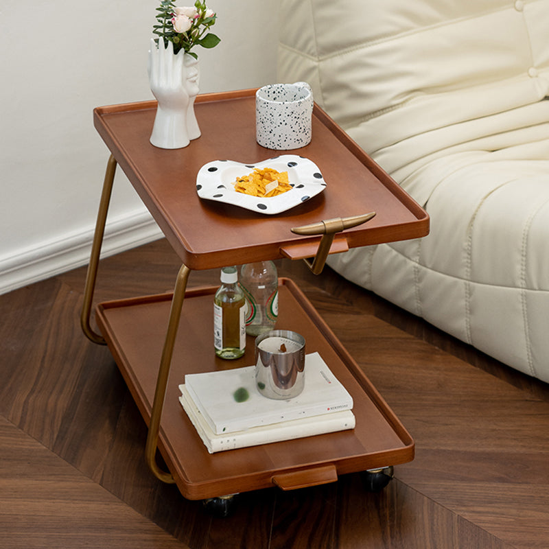 Cherry Wooden Storage End Table Rectangular 2-Tier Side Table with Casters