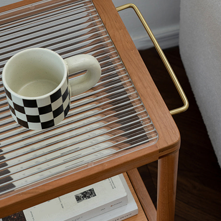 25.2" Wide Rectangular Glass End Slide Table Brown Cherry Side Table with Storage