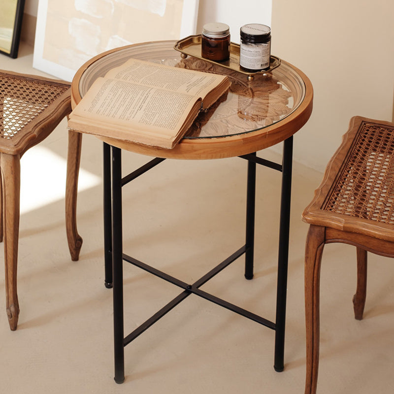 Dia 19.7" Cross Legs End Table Distressed Wood Side Table with Engraved Design