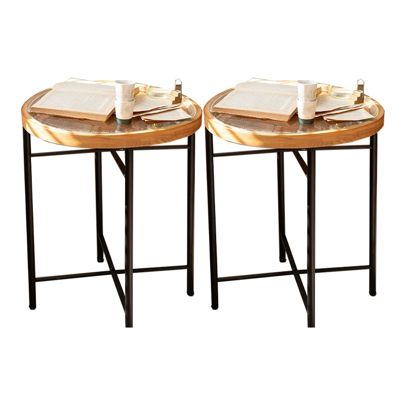 Dia 19.7" Cross Legs End Table Distressed Wood Side Table with Engraved Design