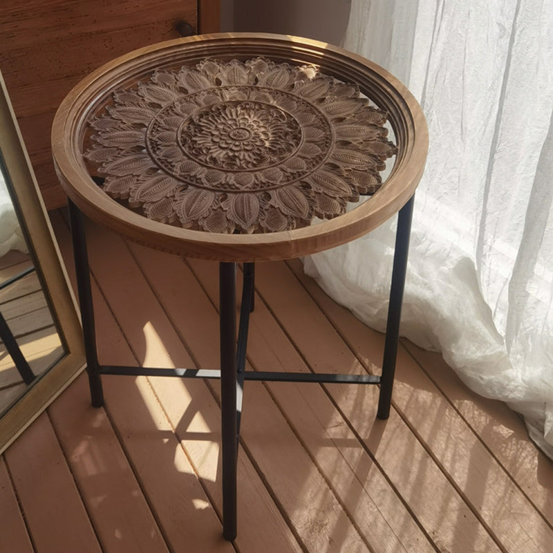 Dia 19.7" Cross Legs End Table Distressed Wood Side Table with Engraved Design