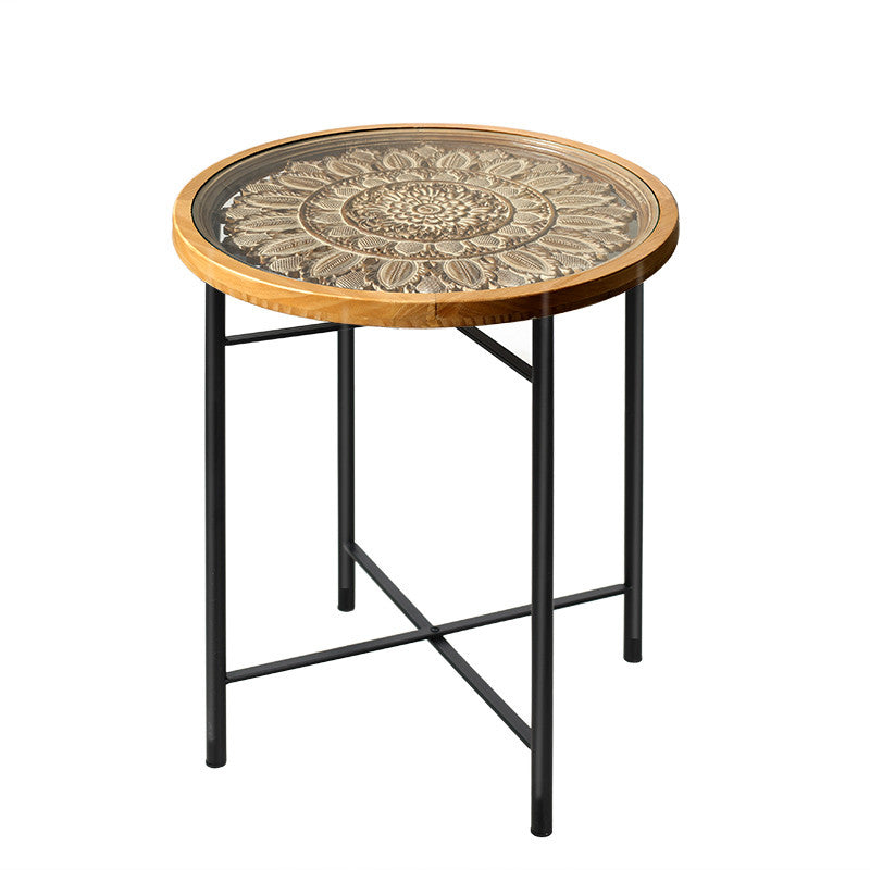 Dia 19.7" Cross Legs End Table Distressed Wood Side Table with Engraved Design