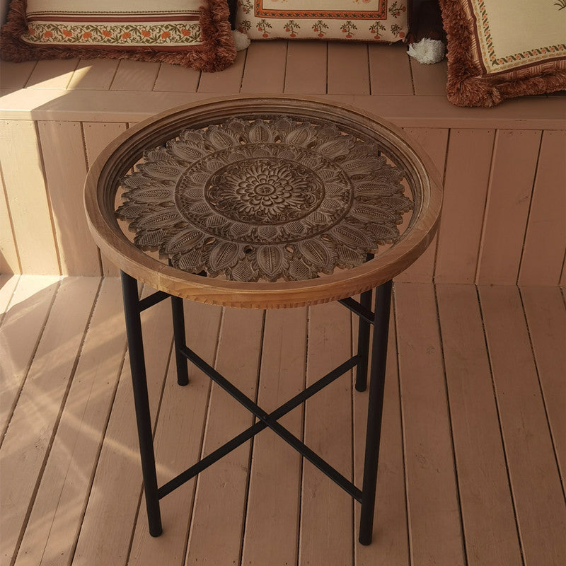 Dia 19.7" Cross Legs End Table Distressed Wood Side Table with Engraved Design