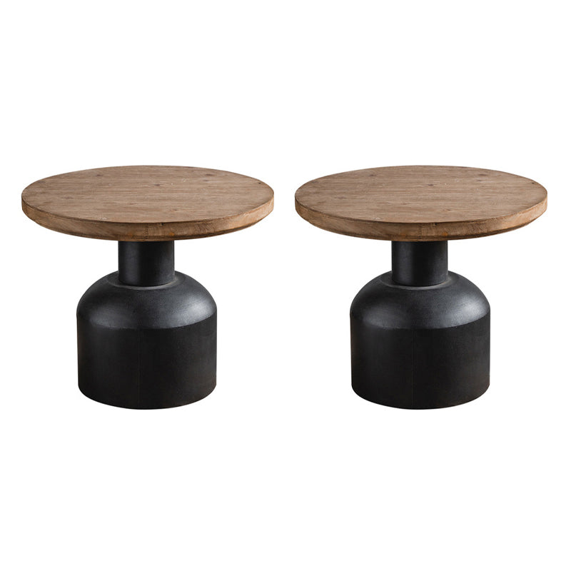 French Country Round Wood Side Table Distressed Wood & Metal Pedestal End Table